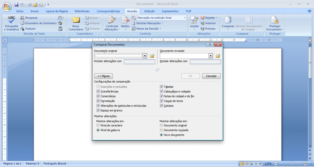 Word 2007, detalhes de "Comparar"